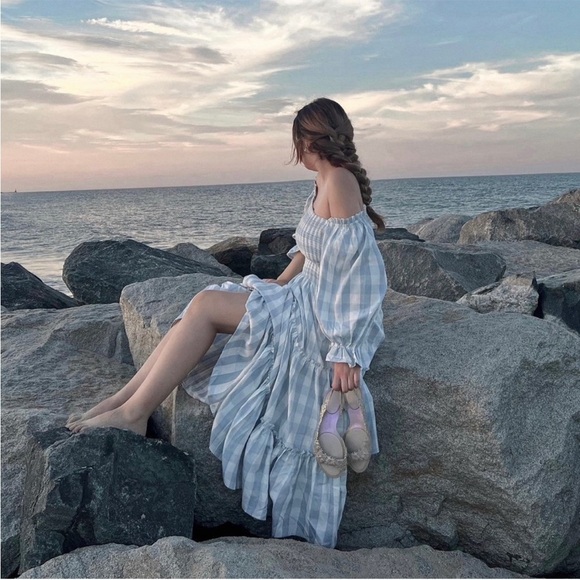 Ivy City Co Mia Blue Cotton Gingham Midi Dress Smocked Puff Sleeve New Size XXS - Picture 14 of 14